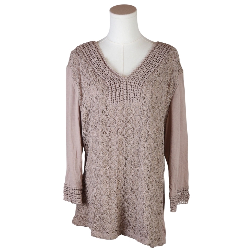 Shannon Ford 2X Taupe Lace Knit Tunic Top Boho Romantic Textured Blouse